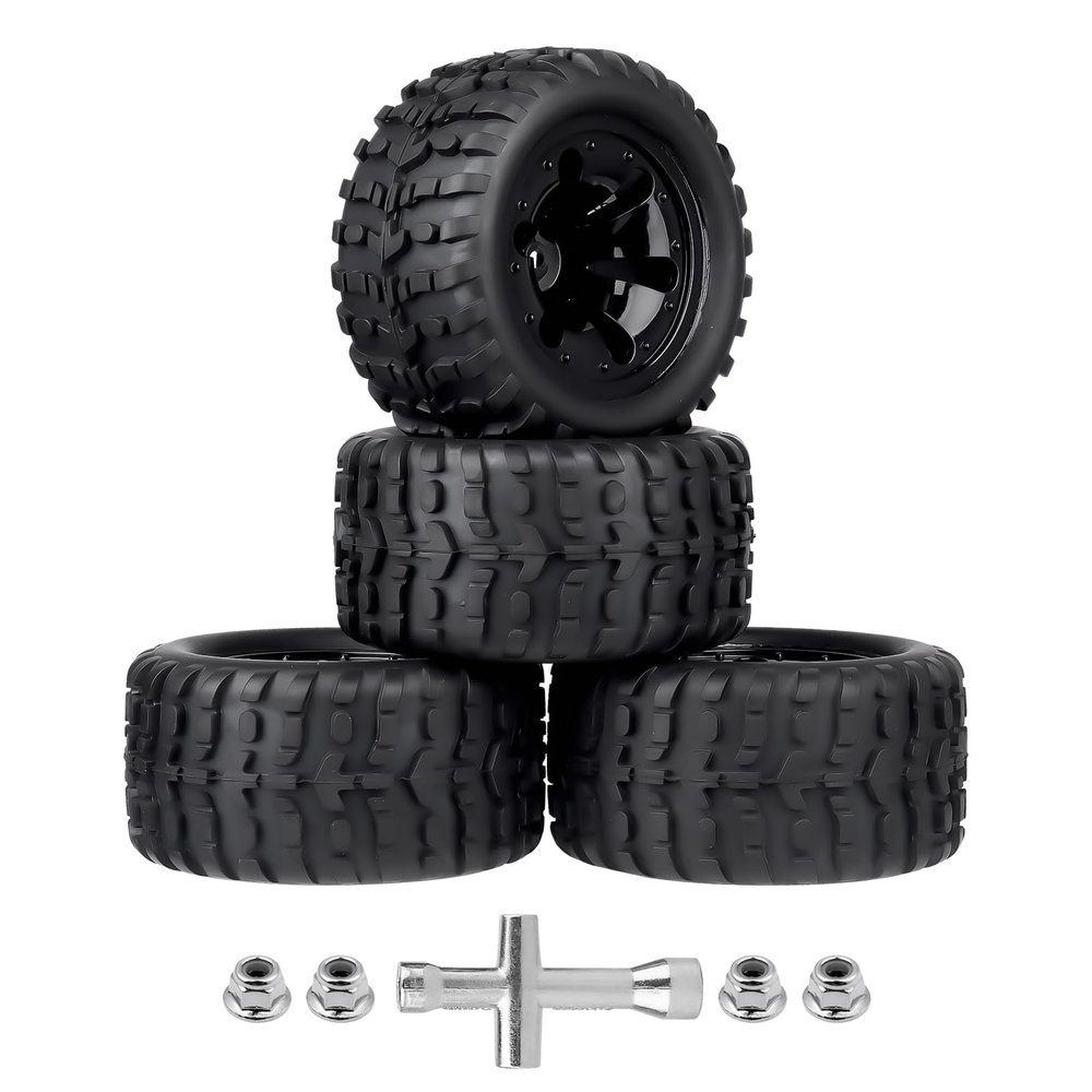 AllinRC 2.8" Preglued 1/10 Stadium Truck Wheels and Tires 12mm Hex for Traxxas Rustler Stampede 4x4 2WD Redcat Volcano Epx S30 Blackout Xte 4PCS