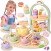 Lonico Wooden Tea Party Set for Little Girls Toddler Tea Set with Cupcake Stand & Food Dessert, Play Kitchen Accessories for Toddlers 2 3 4 5 6 Years Old, Wooden Toys Birthday Kids Girls Gifts 3-6 view 1