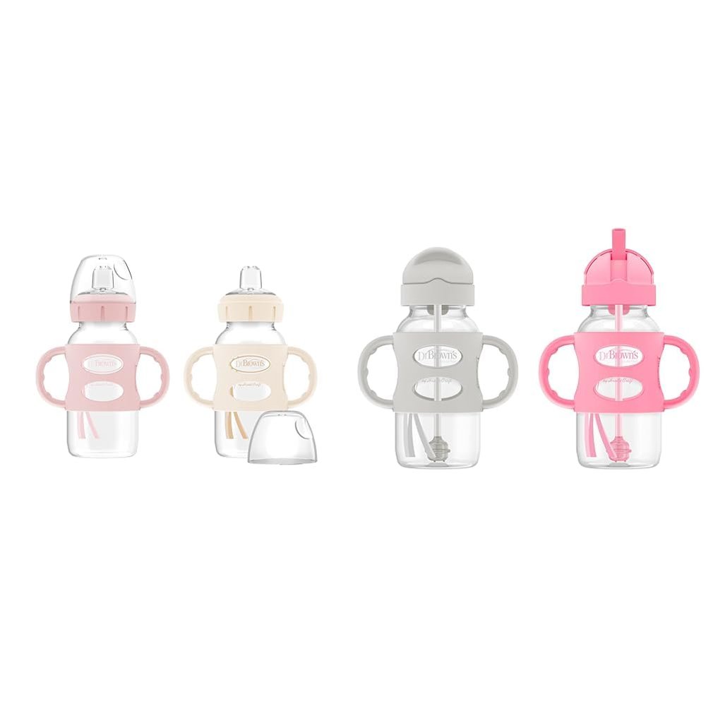 Dr. Brown's Milestones Wide-Neck Sippy Bottle with 100% Silicone Handles & Milestones Wide-Neck Sippy Straw Bottle with 100% Silicone Handles, 9oz/270mL, Gray & Pink, 2 Pack, 6m+