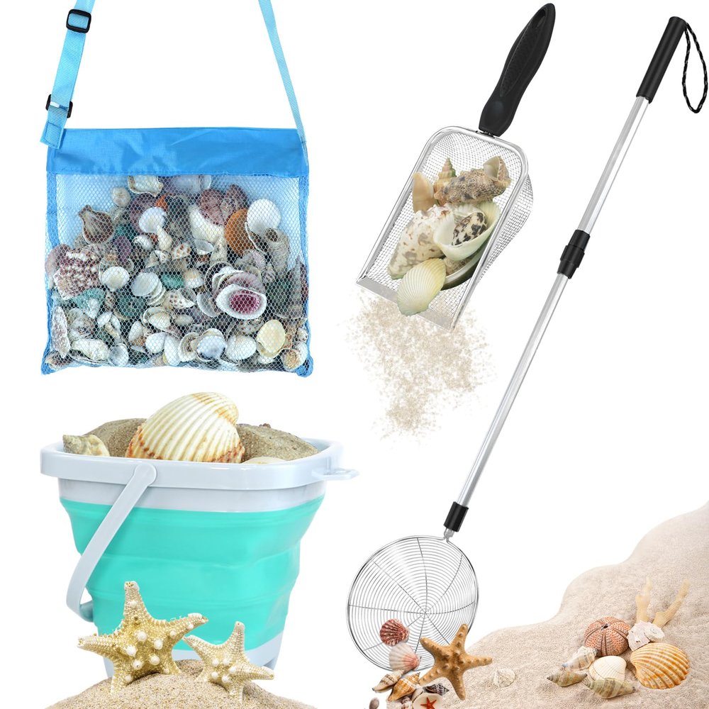 FETHWOIN Shark Tooth Sifter, Beach Sand Sifter, Sea Shell Scooper for Beach, Shell Bags&Foldable Bucket, Sand Beach Toys for Kids 6 8 10 12, Medium, Blue