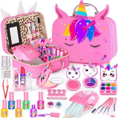 Mqsiuve Kids Makeup Kit for Girl - 2 in 1 Kids Washable Makeup Toys & Nail Art Kit with Nail Dryer and Storage Case, Real Girl Makeup Set Birthday Gifts Toys for 3 -12 Year Old Girls, Pink