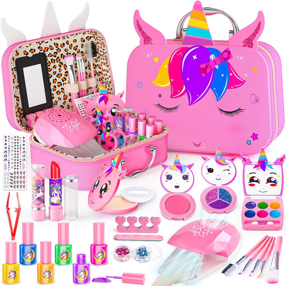Mqsiuve Kids Makeup Kit for Girl - 2 in 1 Kids Washable Makeup Toys & Nail Art Kit with Nail Dryer and Storage Case, Real Girl Makeup Set Birthday Gifts Toys for 3 -12 Year Old Girls, Pink