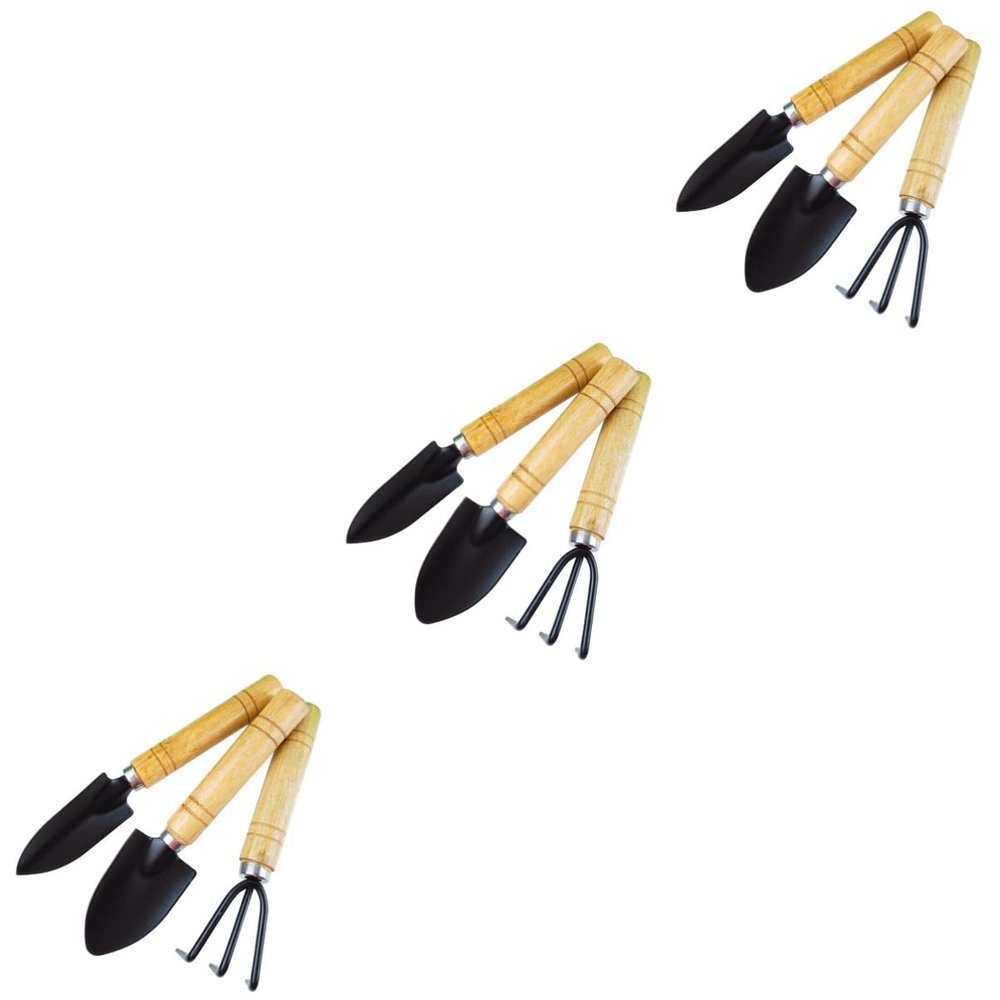 VICASKY 3sets Garden Tool Kit Mini Shovel Trowel Rake Outdoor Camping Iron Comfortable Wood 3pcs*3 Random Style