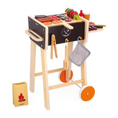 Janod - Pretend Play Wooden Barbeque Playset 20" Tall - Ages 3-6 - Pretending to Cook Meals - Realistic Grilling Experience - Over 50 Accessories Included - J06619