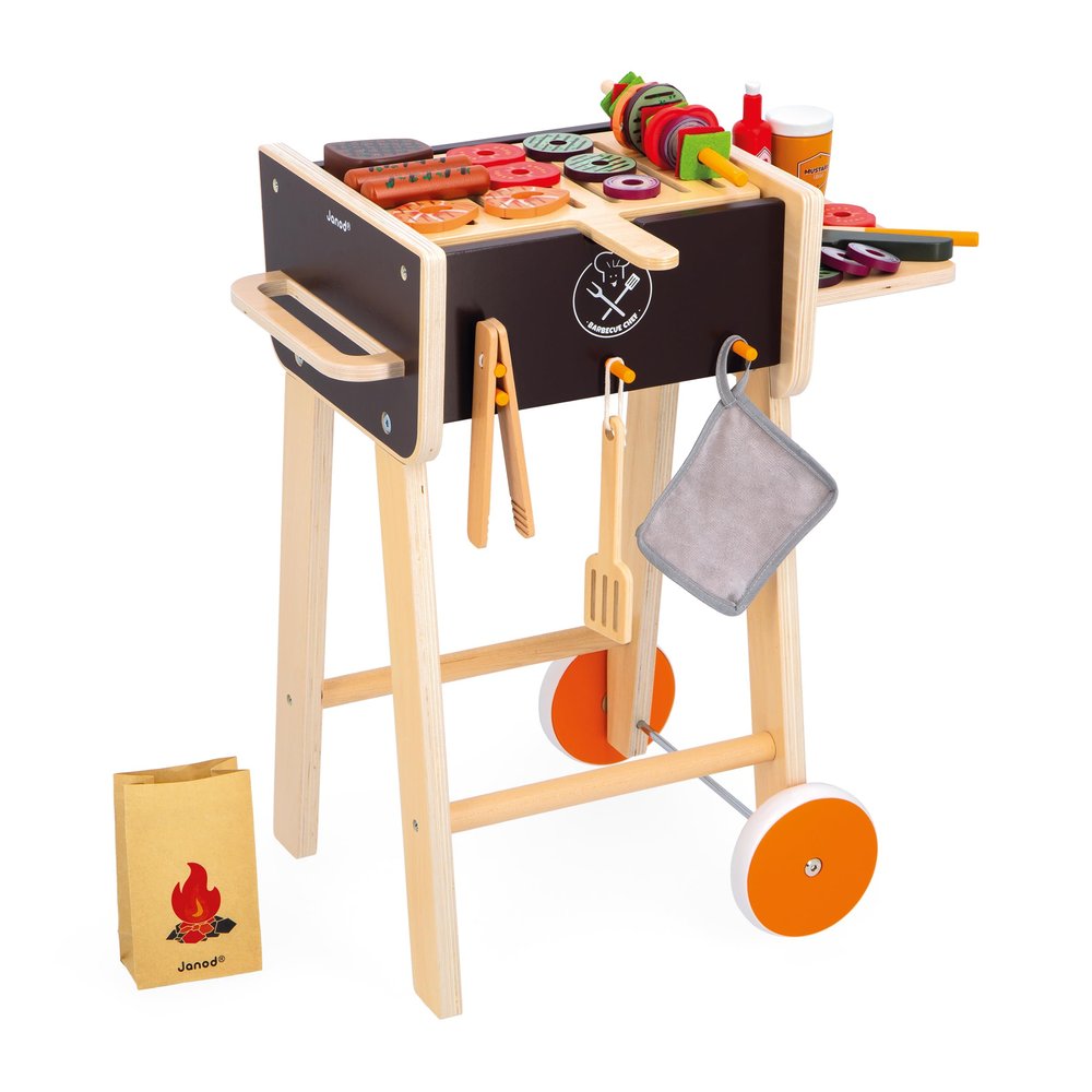 Janod - Pretend Play Wooden Barbeque Playset 20" Tall - Ages 3-6 - Pretending to Cook Meals - Realistic Grilling Experience - Over 50 Accessories Included - J06619
