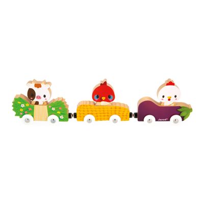 Janod - Farm Wooden Animal Car Train Push and Go Playset - Imaginative Play - Magnetic Interchangeable Cars - Enhances Imagination and Motor Skills - Safe Quality Materials