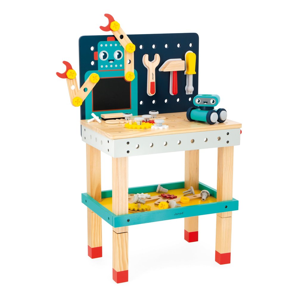 Janod - My First Construction Game - Large Robot Workbench - Craft Game for Children - 50 Pieces - Height Adjustable - Role Play - From 3 Years - J06457