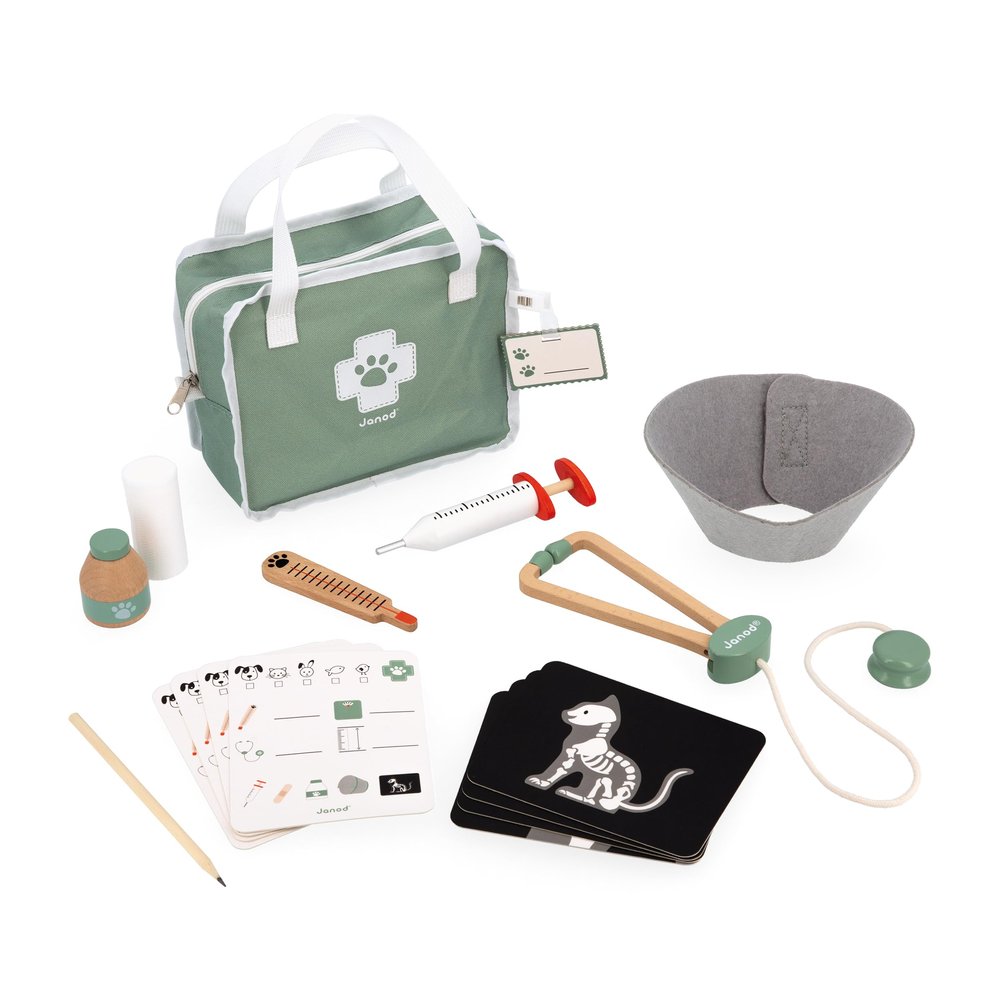 Janod Pretend Play Vet Suitcase 15-Piece Role Play Veterinary Kit in Durable Zip-Up Cloth Case with Badge, X-Rays, Prescription Cards & Pet Care Tools Ages 3+ - J06466