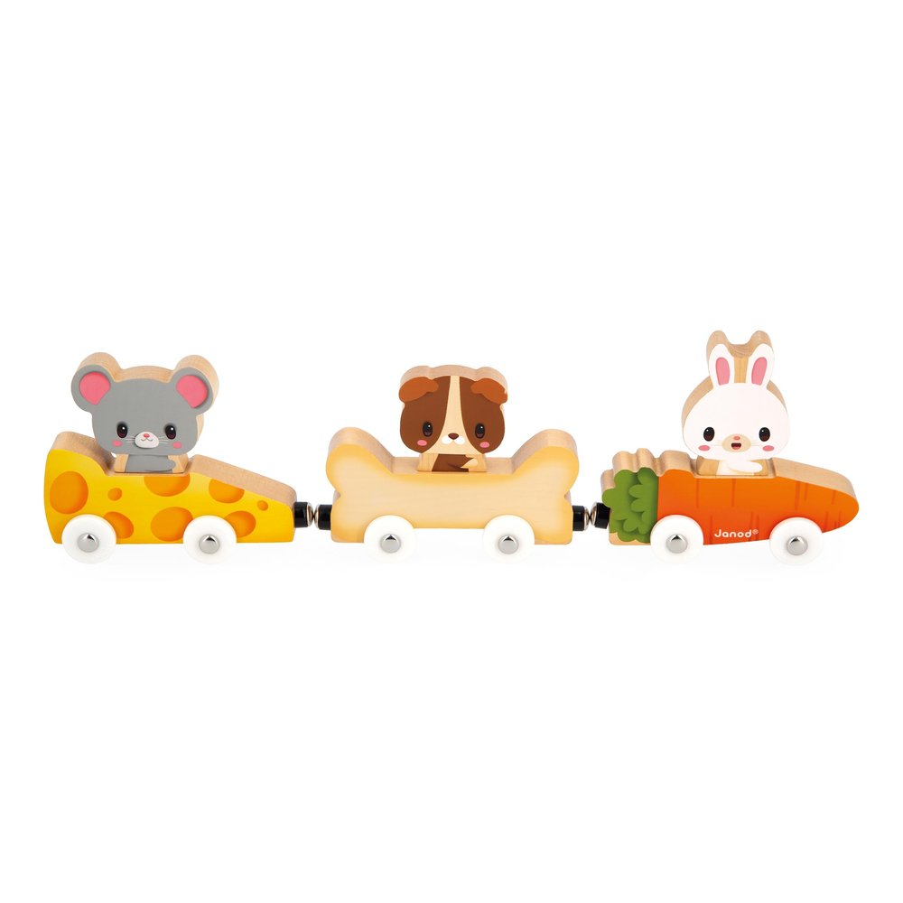 Janod - Pets Wooden Animal Car Train Push and Go Playset - Toddler Playtime - Magnetic Interchangeable Cars - Encourages Imaginative Play - Adorable Animal Characters, Safe Quality Materials