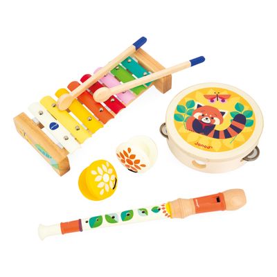 Janod - Gioia Music Set with Tambourine, Recorder, Maracas, and Xylophone - 15" Long - Meets European and American Safety Standards - Ages 18 Months to 5 Years - J07656