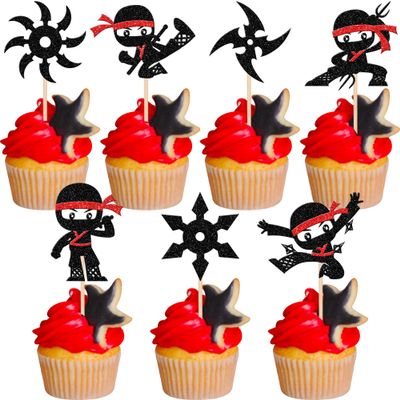 28 PCS Ninja Cupcake Toppers Glitter Darts Martial Arts Karate Kung Fu Warriors Cupcake Picks for Ninja Theme Baby Shower Kids Samurai Birthday Party Cake Decorations Supplies