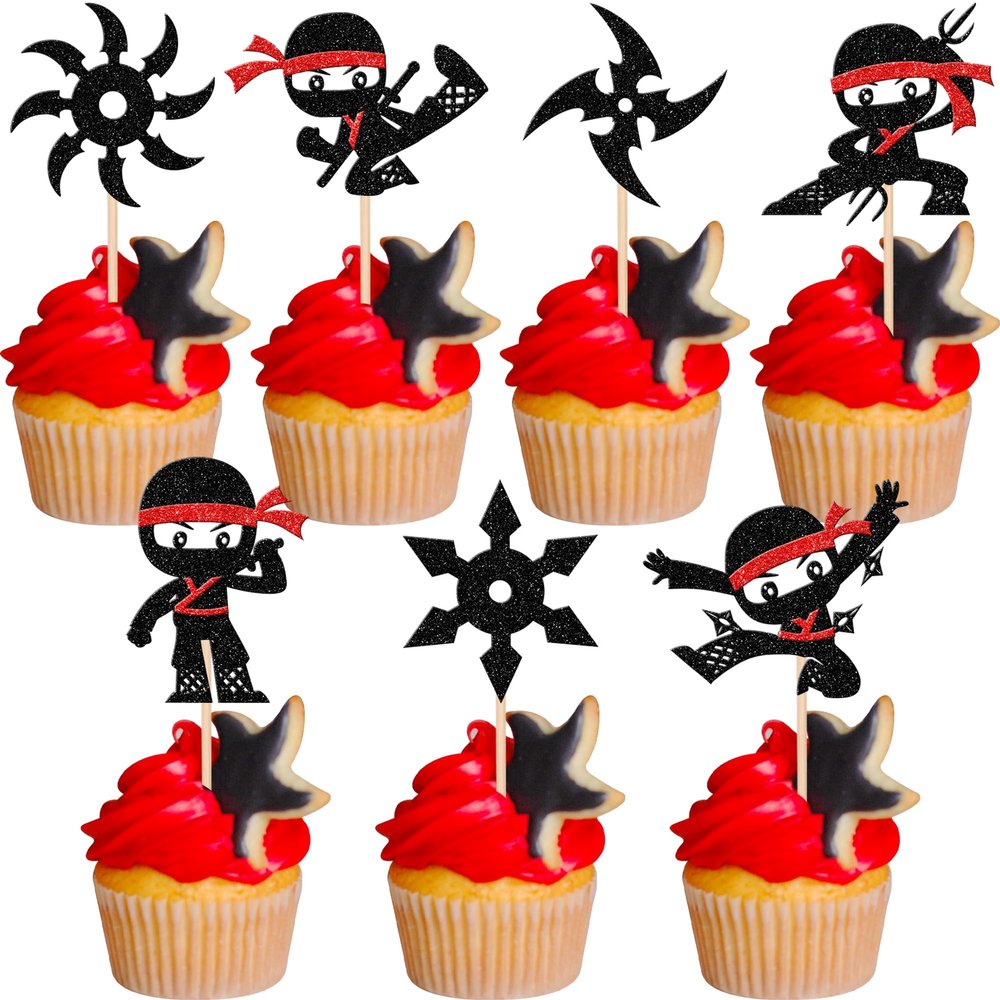28 PCS Ninja Cupcake Toppers Glitter Darts Martial Arts Karate Kung Fu Warriors Cupcake Picks for Ninja Theme Baby Shower Kids Samurai Birthday Party Cake Decorations Supplies