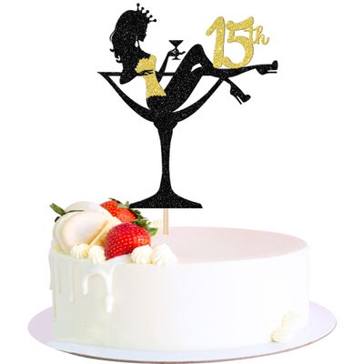 1 PCS Sitting Cake Topper Glitter Fifteen High Heel Girl 15th Birthday Cake Pick for Cheers to 15 Years Lady Makeup Spa Theme Happy 15th Birthday Party Cake Decorations Supplies Gold