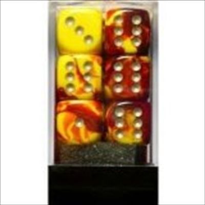 212 Main 26650 D6 Cube Gemini Set of 12 Dice 16 mm - Red & Yellow with Silver Numbering