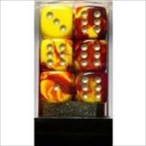 212 Main 26650 D6 Cube Gemini Set of 12 Dice 16 mm - Red & Yellow with Silver Numbering