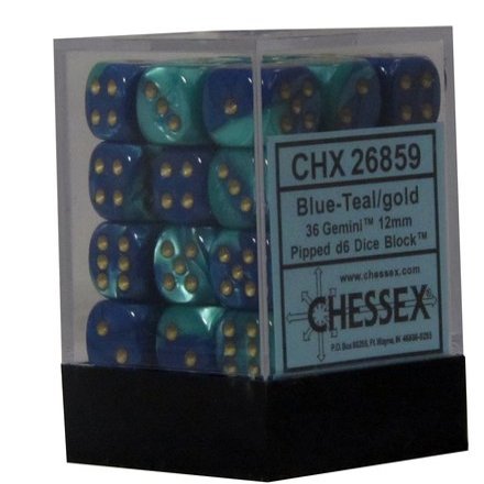 212 Main Gemini 7 12mm D6 Blue and Teal with Gold Dice