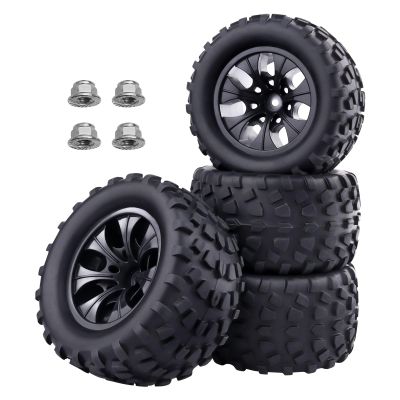 FriHobby 1/10 Scale RC Monster Truck Wheels Tires Set 12mm Hex 2.8 Tires Compatible with Traxxas Stampede Hoss Rustler Redcat Blackout Volcano EPX Brushless Lipo Power 2S-4S (Non-Glued)