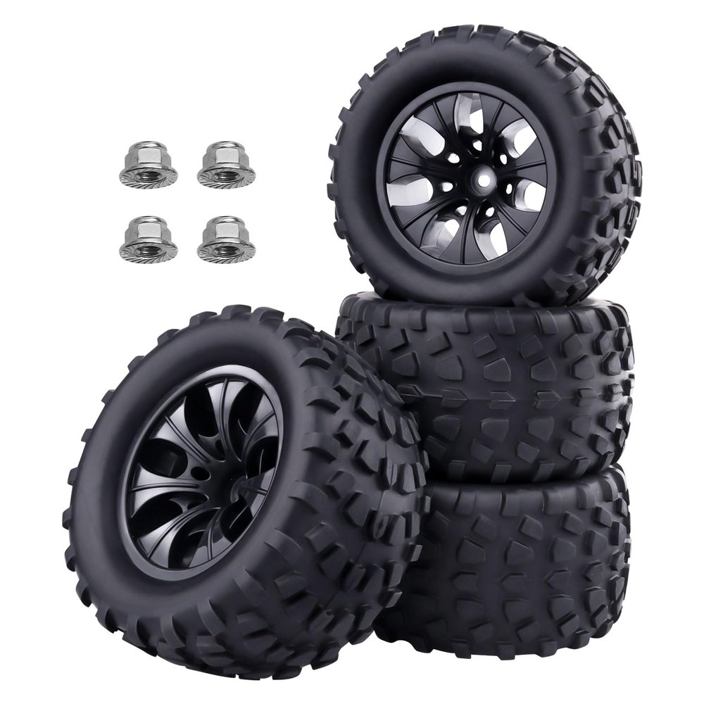 FriHobby 1/10 Scale RC Monster Truck Wheels Tires Set 12mm Hex 2.8 Tires Compatible with Traxxas Stampede Hoss Rustler Redcat Blackout Volcano EPX Brushless Lipo Power 2S-4S (Non-Glued)
