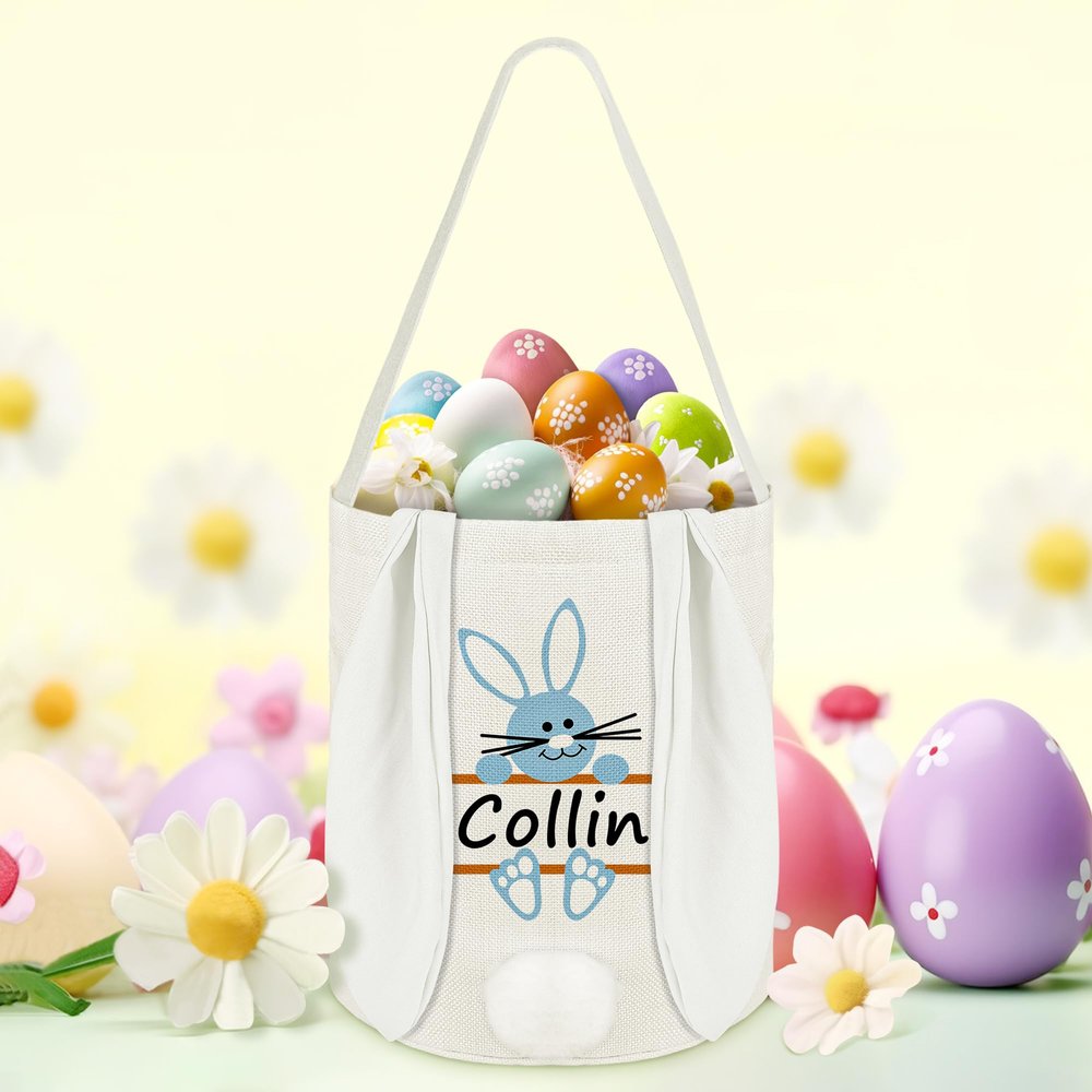 Lynasoi Easter Basket with Bunny Ears, Personalized Easter Basket, Easter Baskets for Kids - White Smile Bunny