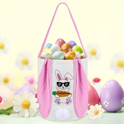 Lynasoi Easter Basket with Bunny Ears, Personalized Easter Basket, Easter Baskets for Kids - Pink Sunglasses Bunny