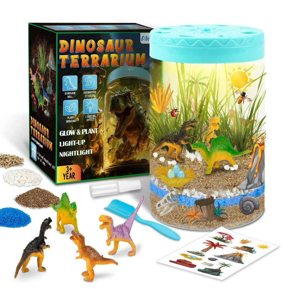 AluAbi Light Up Dinosaur Terrarium Kit for Kids,Educational Science Kits,Gardening Kits Science Activities for Boys & Girls,DIY Creative Dinosaur Toys,Arts and Crafts Kit Gifts for Ages 4 5 6 7 8-12
