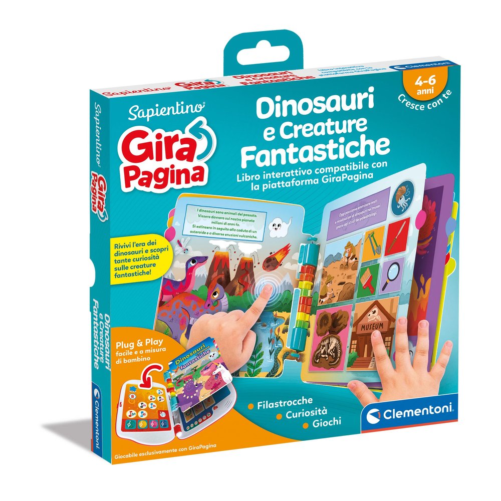 Clementoni - Sapientino Girapagina, Dinosaurs and Fantastic Creatures, Children's Interactive Book Compatible with Girapagina, Children's Books 4 Years, 16644