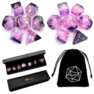 Haxtec Sharp Edge Dice Set and Round Purple Galaxy Dice Bundle D&D Dice with Dice Case and Dice Bag