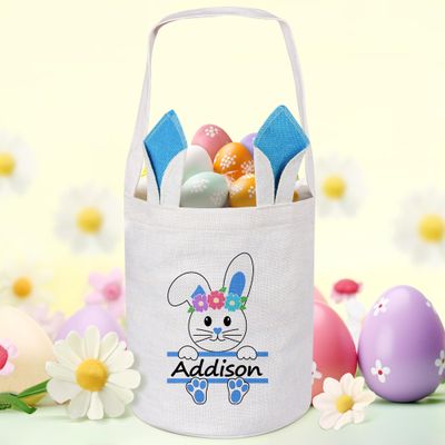 Lynasoi Easter Basket Bunny, Easter Baskets for Kids, Personalized Easter Basket with Name - Blue Wreath Bunny