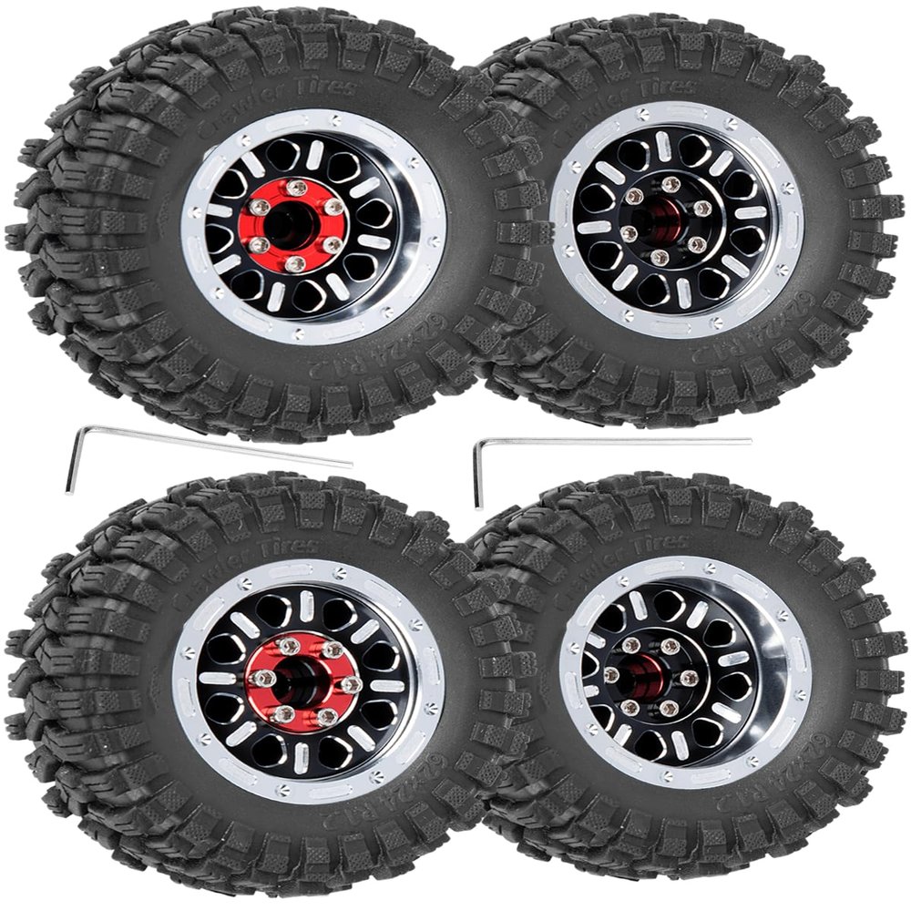RcarmubWow RC 1.2in Beadlock Wheels & Tires for 1/18 TRX4M RC Crawler Car,1.2in Adjustable 4 Offsets Rims & & Rubber Tires,4pcs,Black & Silver