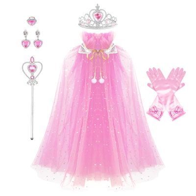 AHLPO Princess Cape Set 8 Pieces Girls Princess Cloak, Kids Fairy Tulle Elsa Princess Dress Up Clothes Cape for Girls Birthday Party Halloween Dressing Up with Crown Wand Accessories