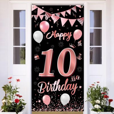 10th Birthday Banner,BTZO 10th Birthday Decorations Fabric Backdrop,Rose Gold Black Birthday Sign Poster,10th Birthday Door Wall Banner Backdrop for Girl Boy 10th Birthday Party,18590cm