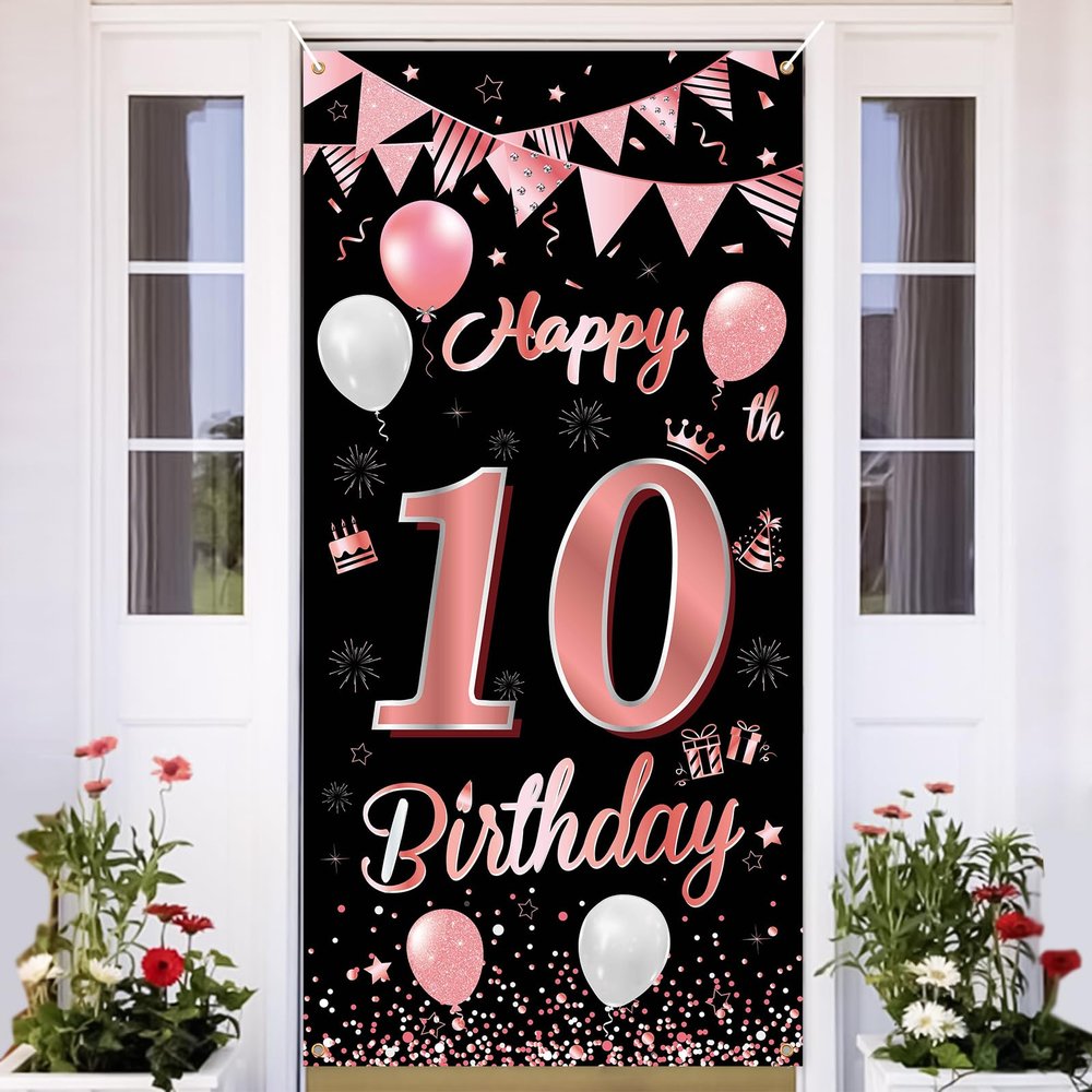 10th Birthday Banner,BTZO 10th Birthday Decorations Fabric Backdrop,Rose Gold Black Birthday Sign Poster,10th Birthday Door Wall Banner Backdrop for Girl Boy 10th Birthday Party,18590cm