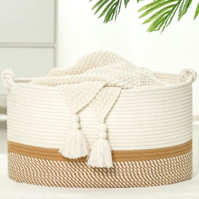 Norheirui Large Woven Cotton Rope Basket for Storage, Blankets & Toys - 20'x13'x11', White/Brown