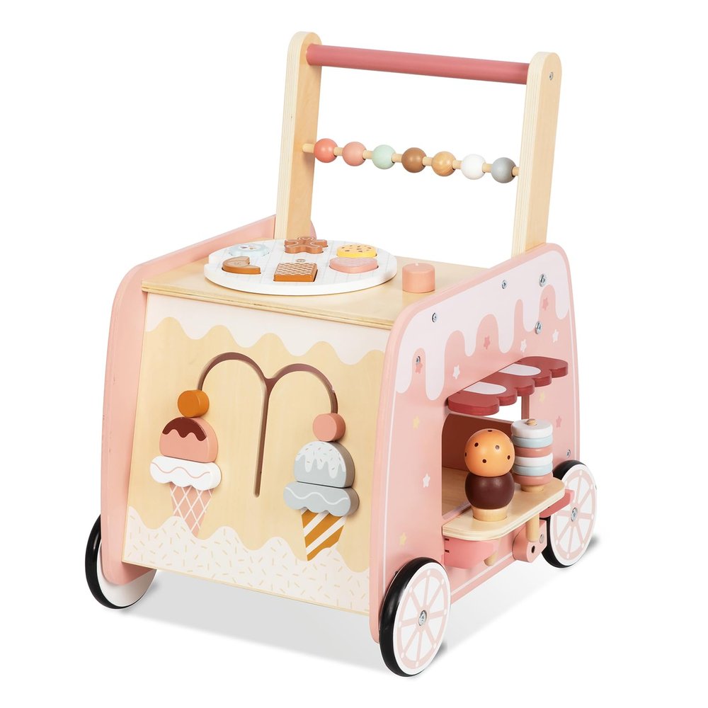 Wooden Baby Walker, Multifunctional Ice Cream Cart Activity Toy for Learning to Push Walk with Wheels, Pretend Playset Ideal for Toddlers, Boys and Girls Ages 18-36M