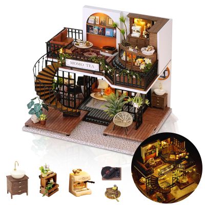 Hallisun DIY Miniature House Kit, Mini Forest Momo Teashop Building Set, 3D Wooden Dollhouse with Dustproof Cover, Creative Handmade Home Decoration, Gift for Adult Teen Birthday Christmas