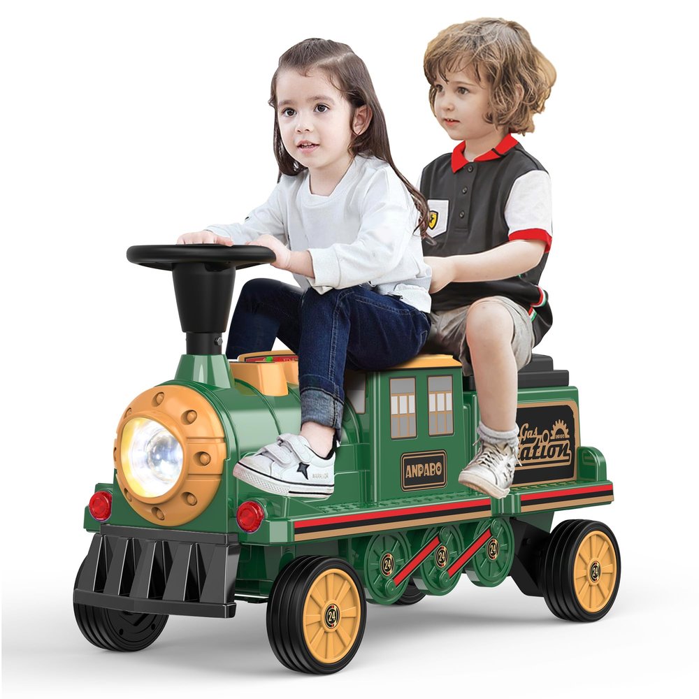 ANPABO 2-Seater Ride On Train Trackless, 12V Kids Car with Height-Adjustable Seat, Extra Storage, Headlight, Train Whistle & Music, Electric Car for Kids 3+ (Carriage Not Included), Green