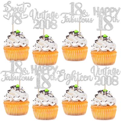 30PCS Happy 18th Birthday Cupcake Toppers Glitter Awesome Since 2008 Eighteen 18 Fabulous Vintage 2008 Cupcake Picks for 18th Birthday Anniversary Retirement Party Cake Decorations Supplies Silver