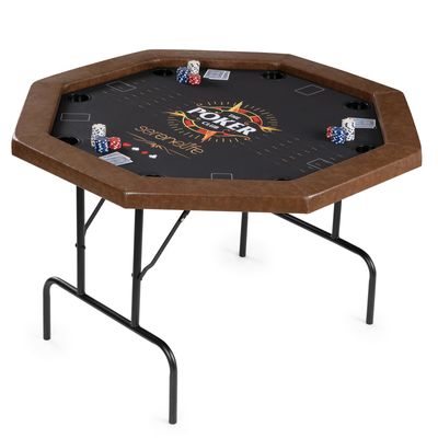 SereneLife 8-Player Octagonal Foldable Poker Table, Casino Leisure Texas Holdem Table, w/, Water-Resistant Cushioned Rail, 8 Cup Holders, Brown Felt Surface, Blackjack Board & Family Games (Black)