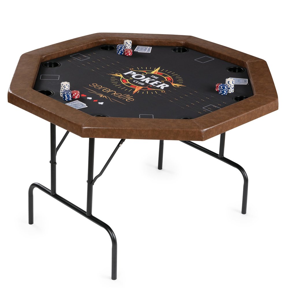 SereneLife 8-Player Octagonal Foldable Poker Table, Casino Leisure Texas Holdem Table, w/, Water-Resistant Cushioned Rail, 8 Cup Holders, Brown Felt Surface, Blackjack Board & Family Games (Black)