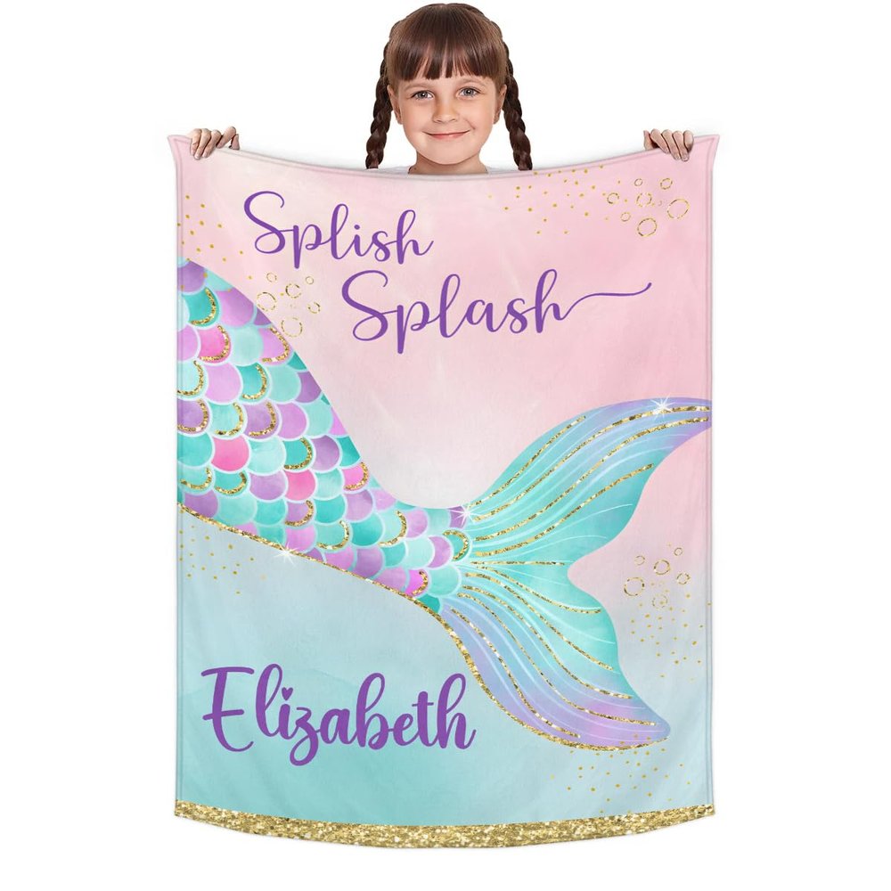 RIRIX Personalized Baby Blankets for Girls Boys, Custom Baby Blanket with Name Swaddle Toddler Fleece Blanket Personalized Gift Mermaid Pink Gold