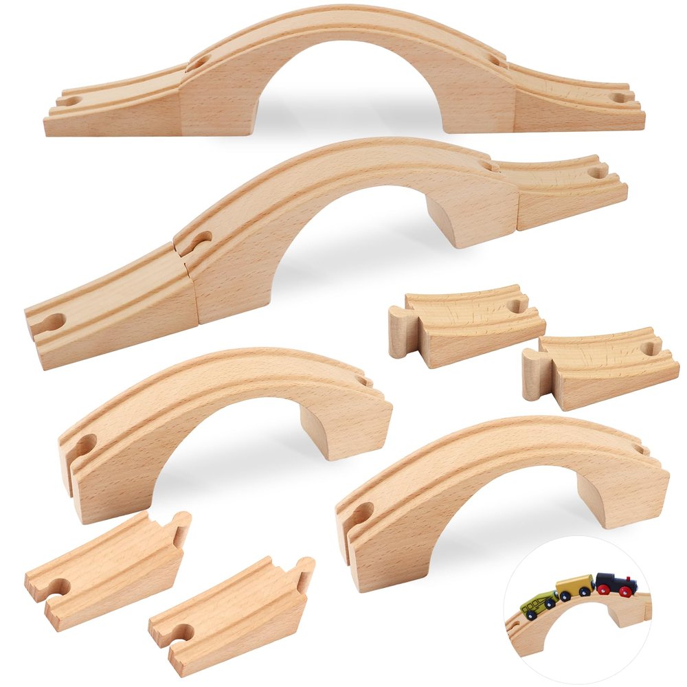 2 Pack Wood Train Track Extension Wooden Train Bridge Track Wooden Railway Bridge Accessories Wood Railroads Connectors Compatible with Most Toy Railroads for Birthdays Holiday