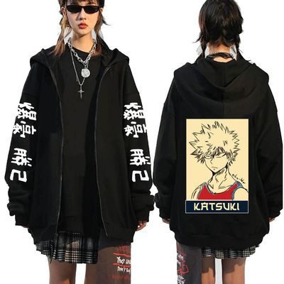 Academia Bakugo Katsuki Jacket Winter Hoodie Youth Katsuki Bakugo Zip up Hoodie Coat Cosplay Costume (US, Alpha, X-Small, Regular, Regular, Black 7)