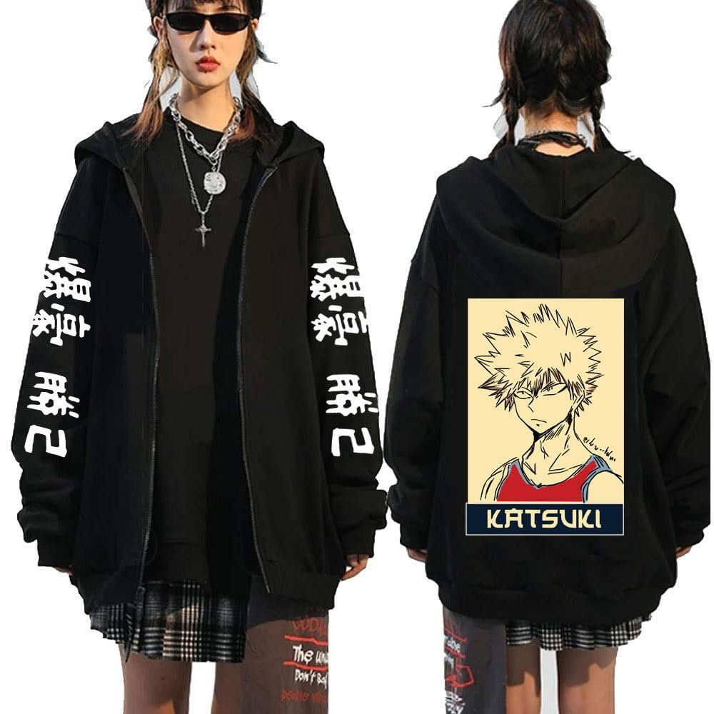 Academia Bakugo Katsuki Jacket Winter Hoodie Youth Katsuki Bakugo Zip up Hoodie Coat Cosplay Costume (US, Alpha, X-Small, Regular, Regular, Black 7)