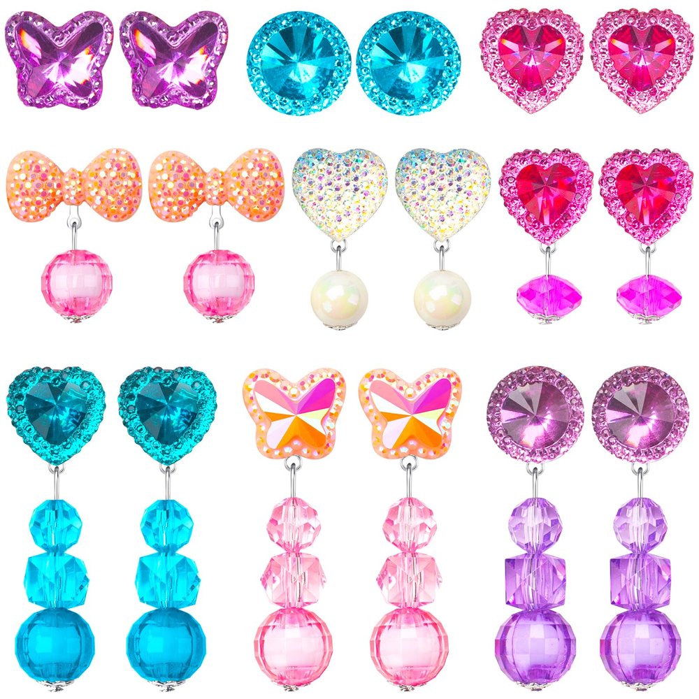ERDOGLY 9 Pairs Girls Clip on Earrings, Kids Clip on Earrings for Girls, Cute Toddler Earring Dress up Party Favor, Dangle Stick on Earring for Little Girl Princess Play Jewelry Set