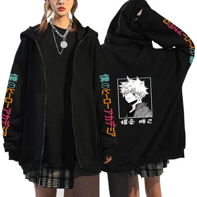 Academia Bakugo Katsuki Jacket Winter Hoodie Youth Katsuki Bakugo Zip up Hoodie Coat Cosplay Costume (US, Alpha, X-Small, Regular, Regular, Black 2)