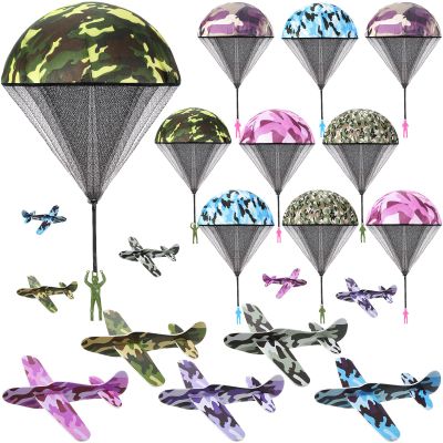 Jerify 20 Pcs Parachute Toys and Camouflage Foam Airplanes Set, Parachute Army Men Toys for Kids Army Hand Throwing and Foam Glider for Boys Gifts Outdoor Party Favors (Colorful Camouflage)