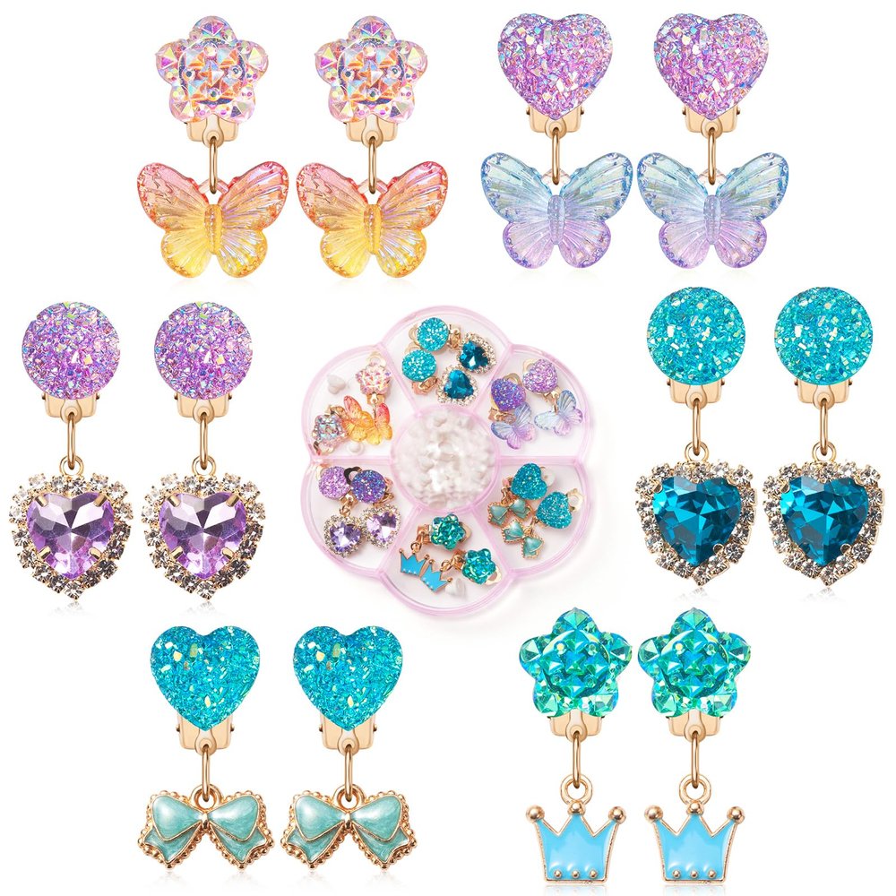 ERDOGLY Clip on Earrings for Girls, 16Pcs Kids Clip on Earrings for Little Girls Dangle Stick on Earring Party Favor, Toddler Earring Princess Pretend Play Dress up Jewelry Gifts