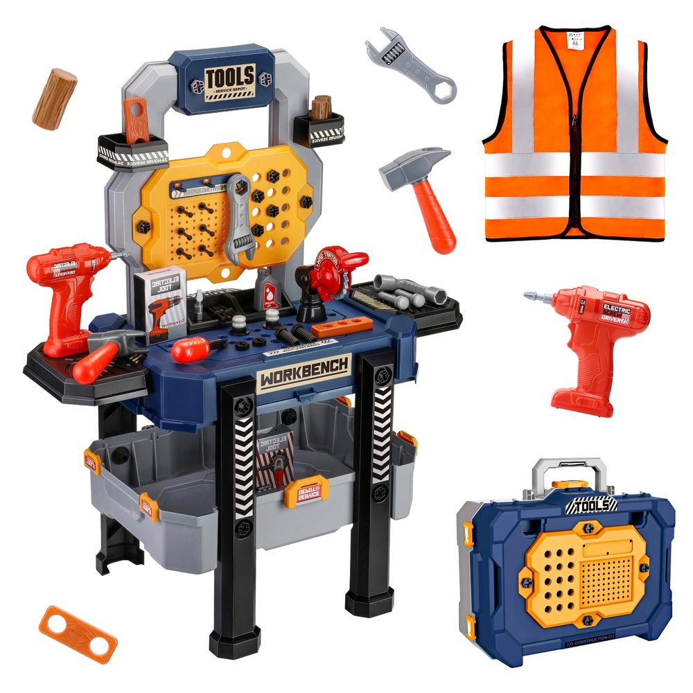 Jovow Kids Tool Bench with Realistic Tools and Electric Drill, Suitable for 3-5 Year Olds to Build Their Own Toy Workbench, 79 Pcs Realistic Toy Tools with Clothes, 32 x 26.6 x 14.4 in-Blue