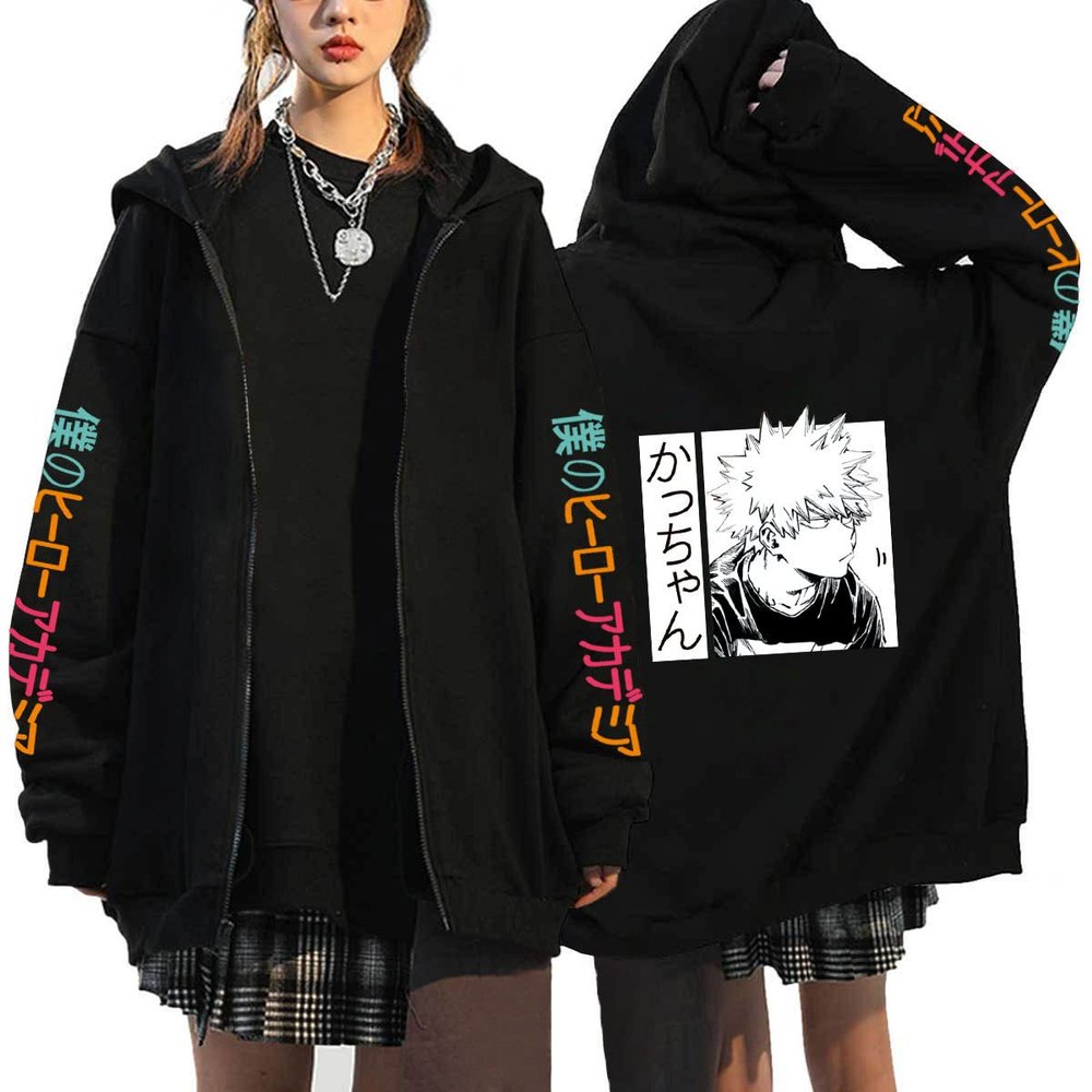 Academia Bakugo Katsuki Jacket Winter Hoodie Youth Katsuki Bakugo Zip up Hoodie Coat Cosplay Costume (US, Alpha, X-Small, Regular, Regular, Black 5)