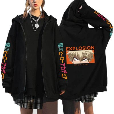 Academia Bakugo Katsuki Jacket Winter Hoodie Youth Katsuki Bakugo Zip up Hoodie Coat Cosplay Costume (US, Alpha, X-Small, Regular, Regular, Black 4)